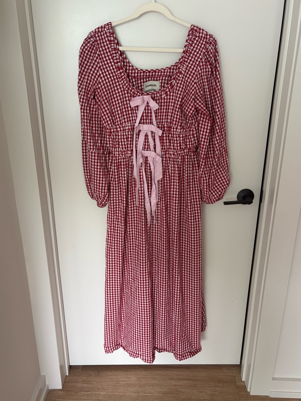 Damson Madder Dakota Dress Red Gingham Pink Bows Organic Cotton UK 16 = US 12